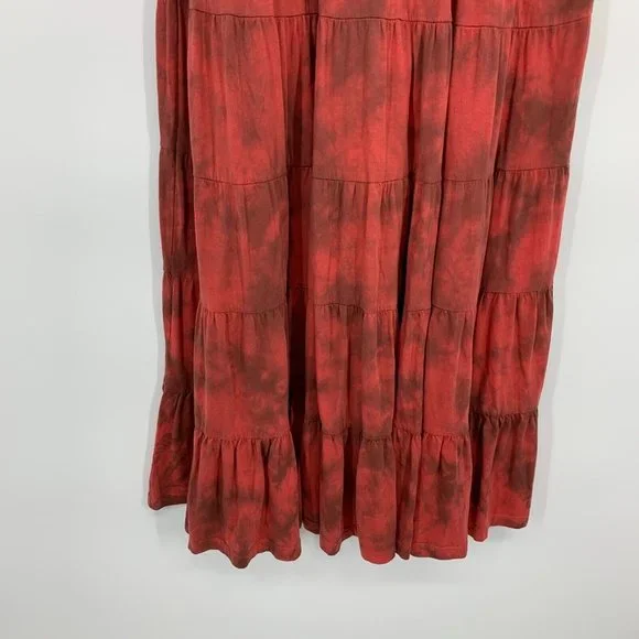 Reba Dress Red Tie Dye V Neck Sleeveless Midi Tiered Ruffle Boho - Picture 4 of 8